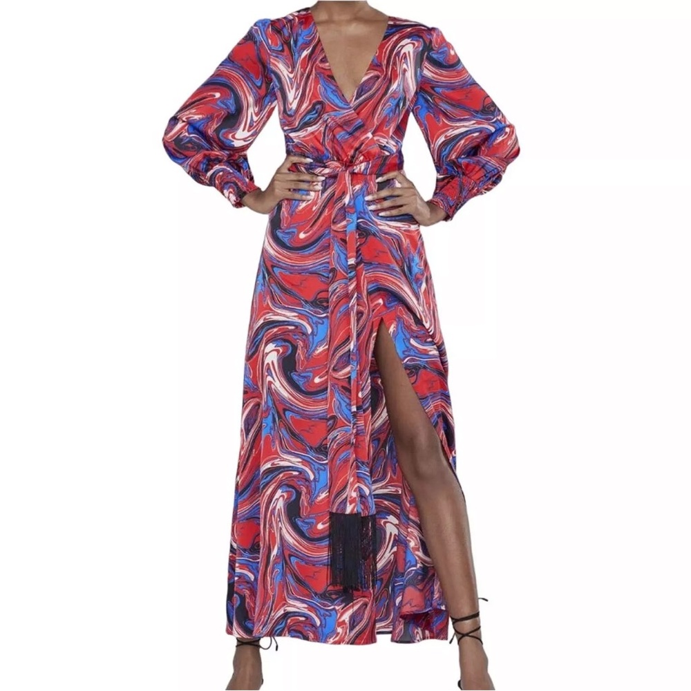 Gabrielle Union x New York & co. Womens M Red Blue Marble-Print Maxi Dress Long
